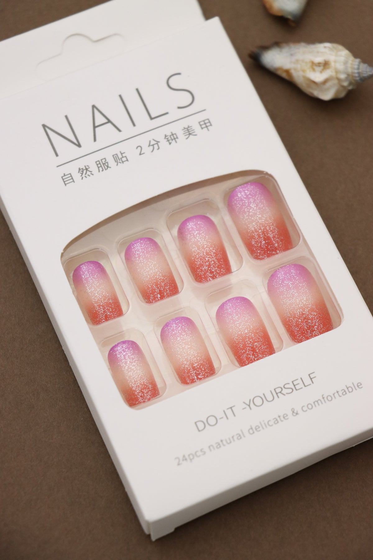 Gradient Orange and Pink Press-On Nails with Glitter Ombre Effect - 24pcs Set