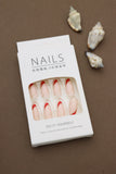 Red and Nude Almond Press-On Nails with Gold Glitter Accents – Elegant Design