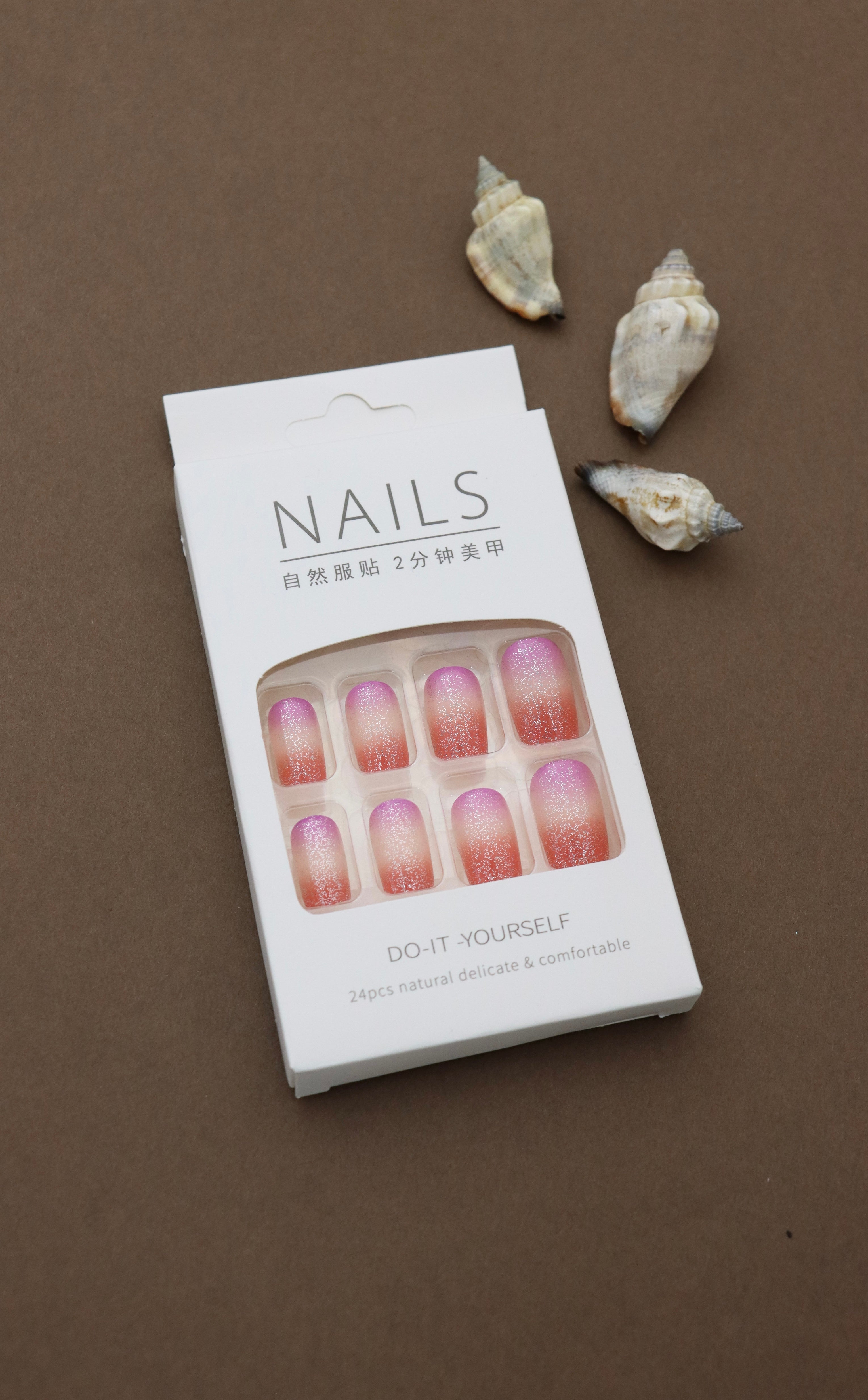 Gradient Orange and Pink Press-On Nails with Glitter Ombre Effect - 24pcs Set