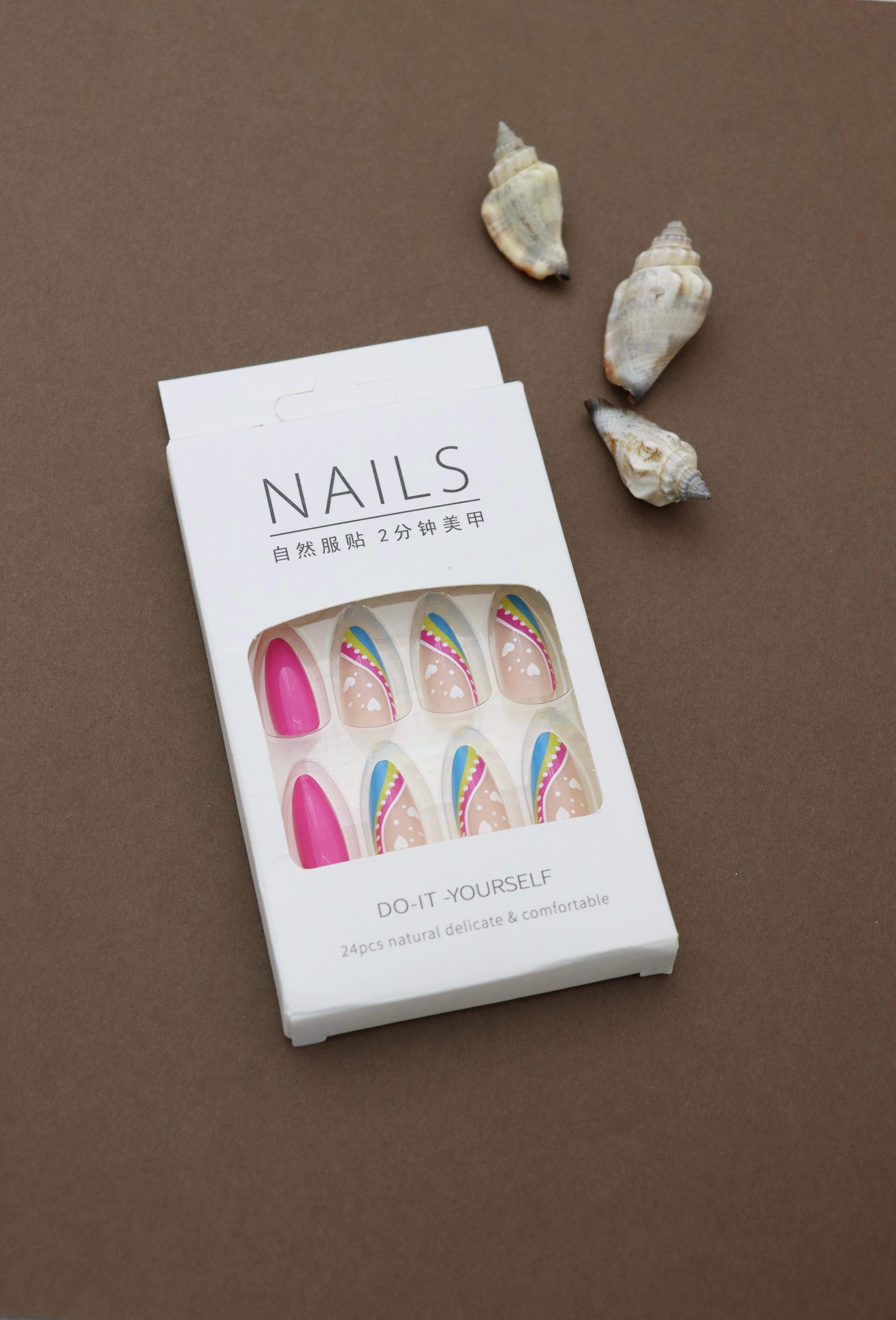 Vibrant Almond Press-On Nails with Multicolor Rainbow Swirl and Heart Accent Design - 24pcs Set