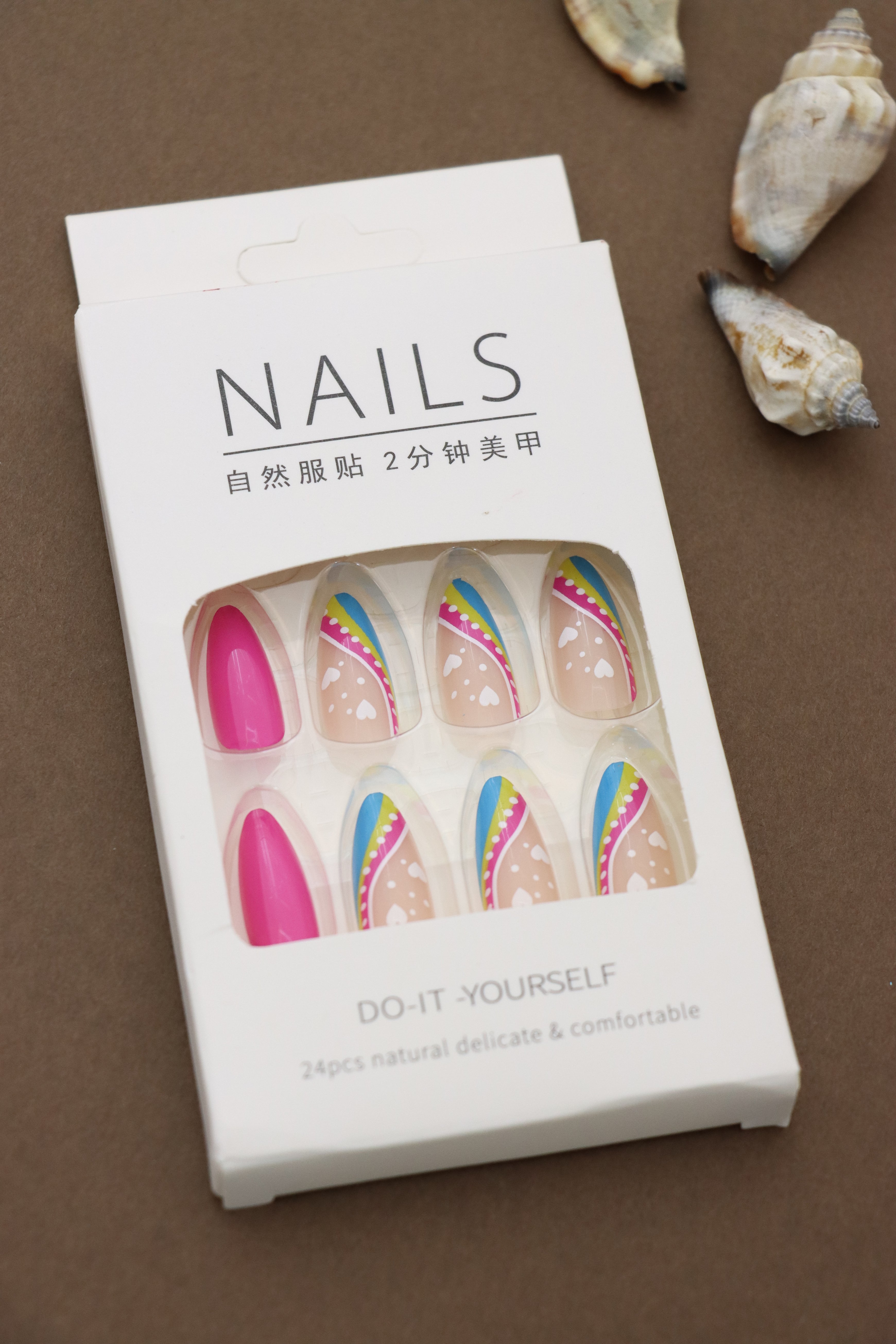 Vibrant Almond Press-On Nails with Multicolor Rainbow Swirl and Heart Accent Design - 24pcs Set