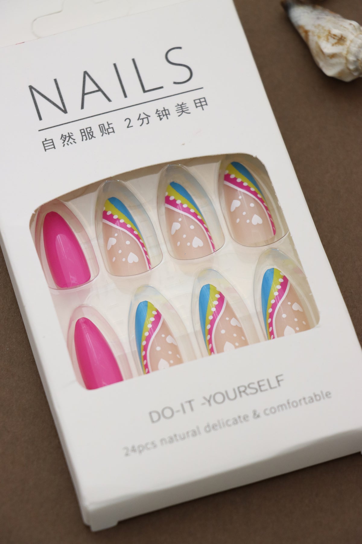 Vibrant Almond Press-On Nails with Multicolor Rainbow Swirl and Heart Accent Design - 24pcs Set