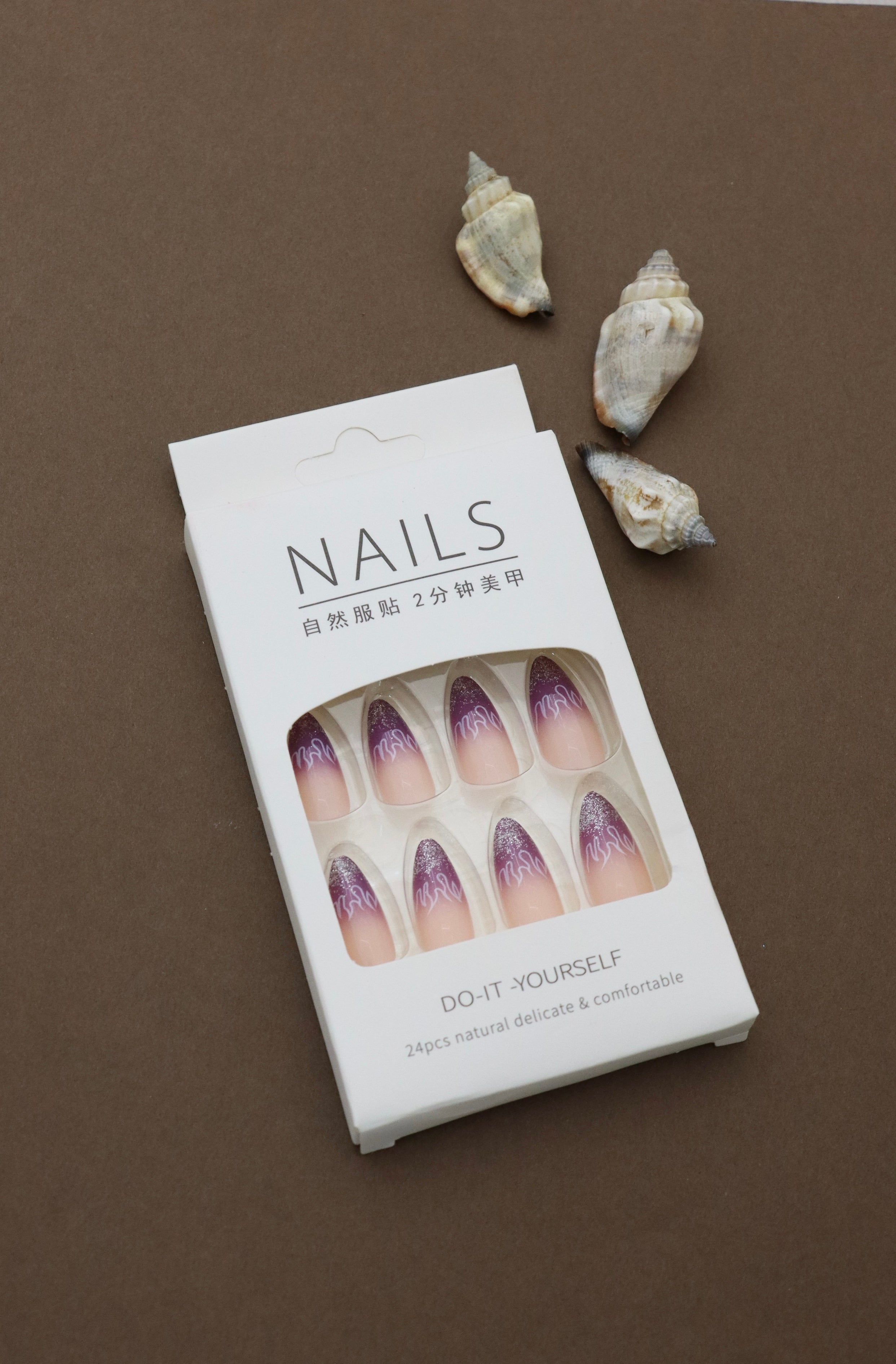 Purple Ombre Glitter Press-On Nails with Wave Accent - 24pcs Almond Shaped Design