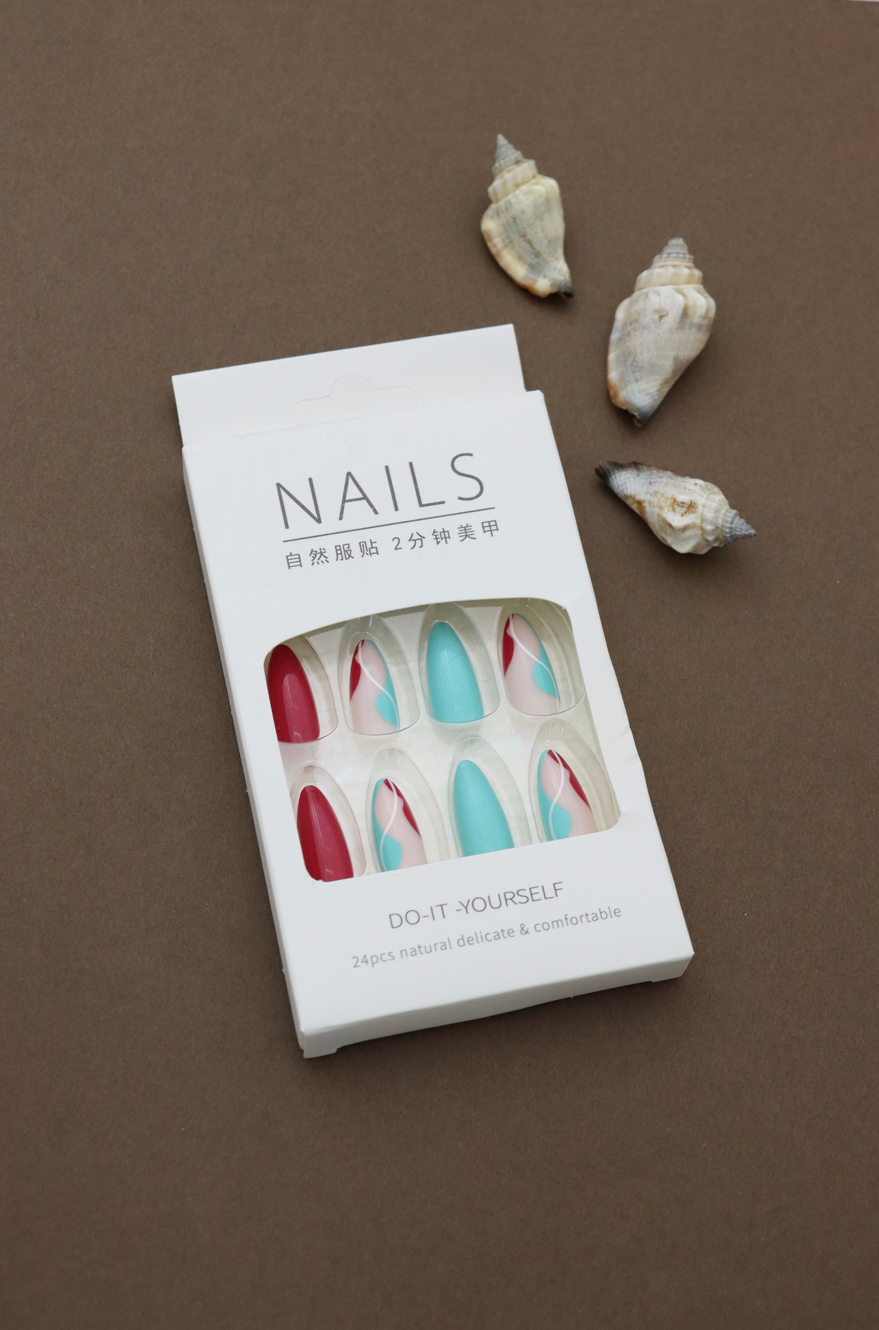 Elegant Red and Aqua Wave Design Press-On Nails - 24pcs Long Glossy Nail Art Set