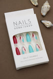 Elegant Red and Aqua Wave Design Press-On Nails - 24pcs Long Glossy Nail Art Set