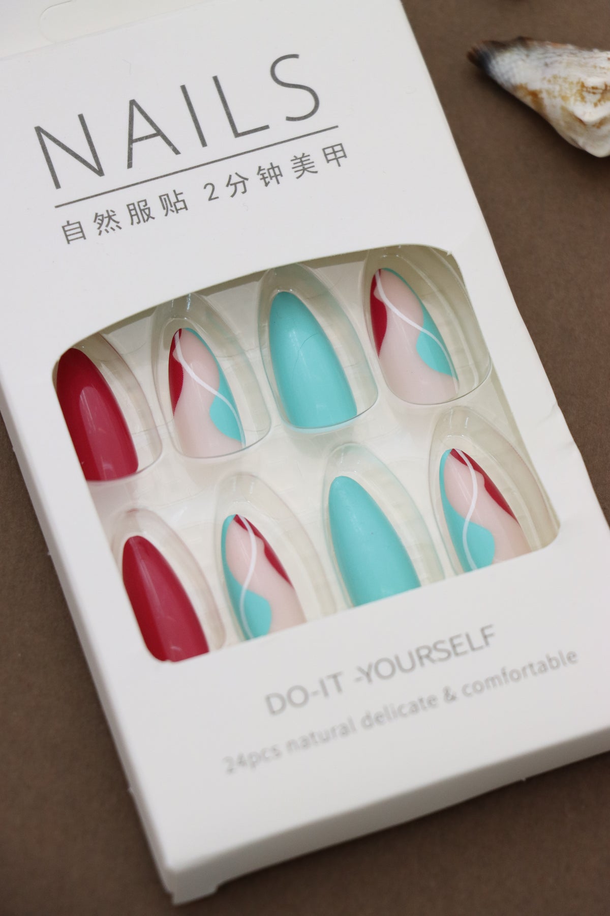 Elegant Red and Aqua Wave Design Press-On Nails - 24pcs Long Glossy Nail Art Set