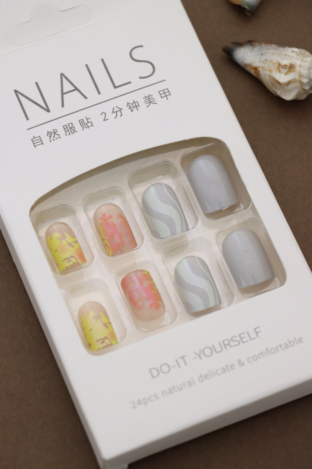 Pastel Abstract Press-On Nails with Yellow and Grey Artistic Swirls - Unique and Modern Design