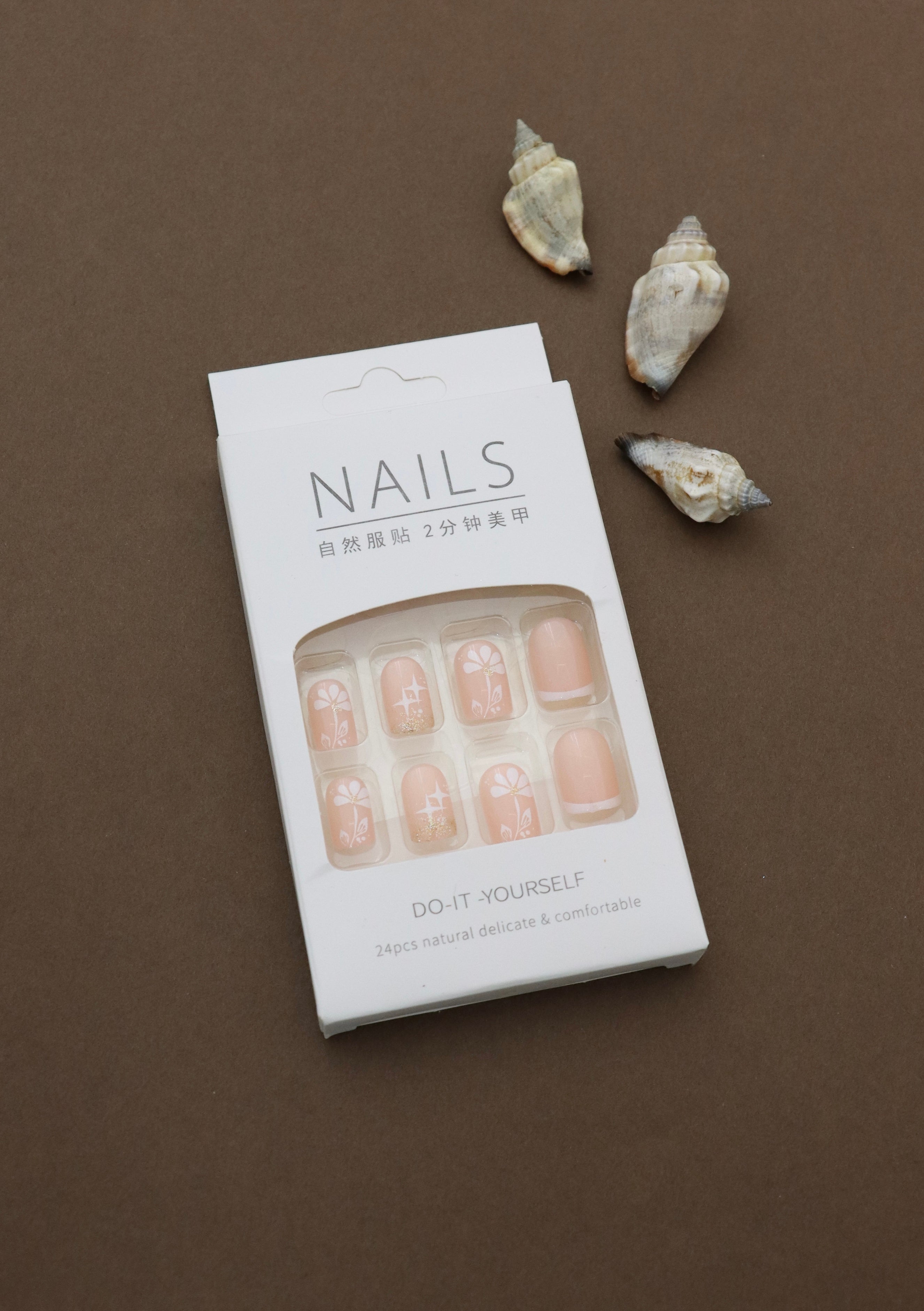 Peach Blossom Press-On Nails - 24pcs Floral and Glitter Design Nail Art Set