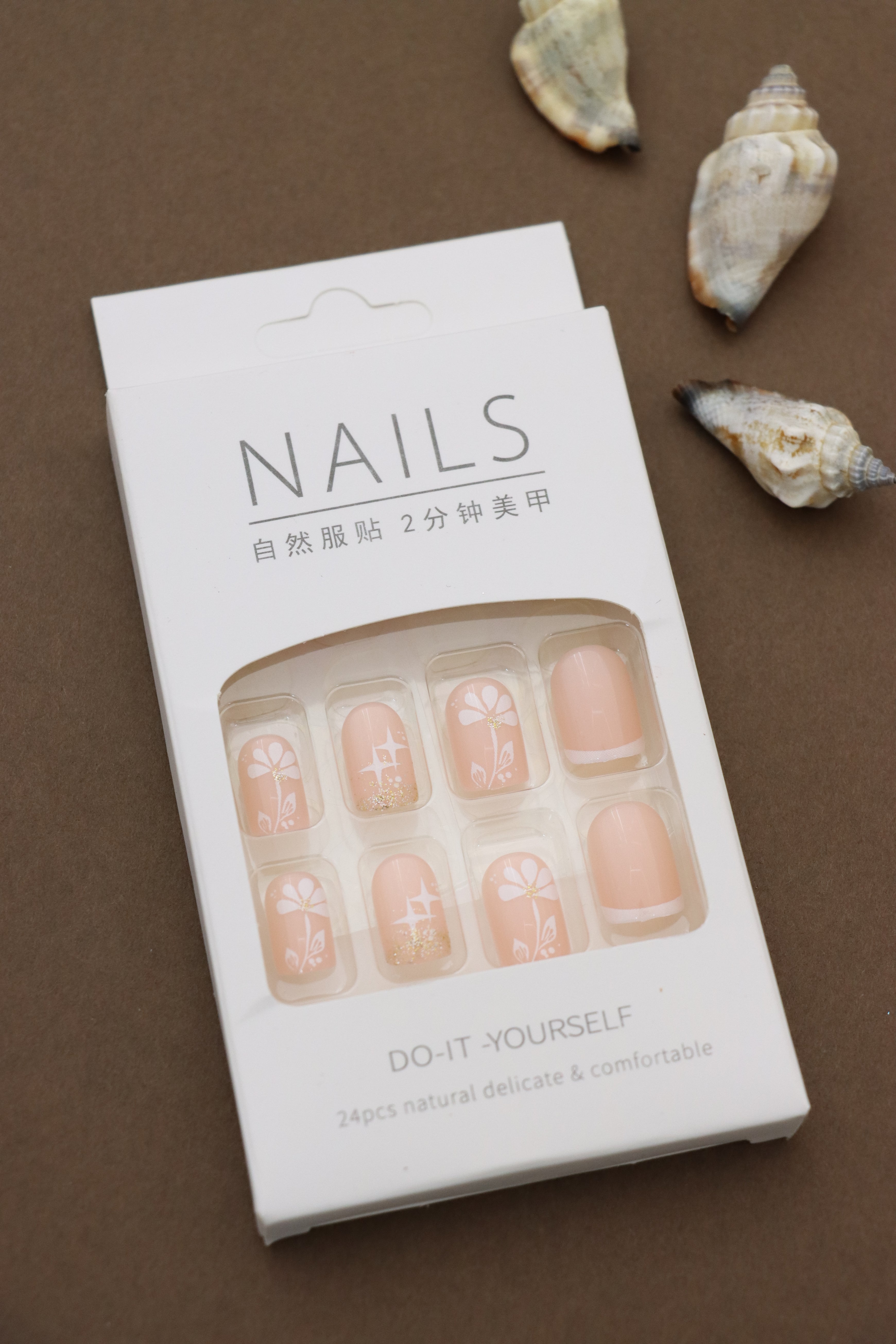 Peach Blossom Press-On Nails - 24pcs Floral and Glitter Design Nail Art Set