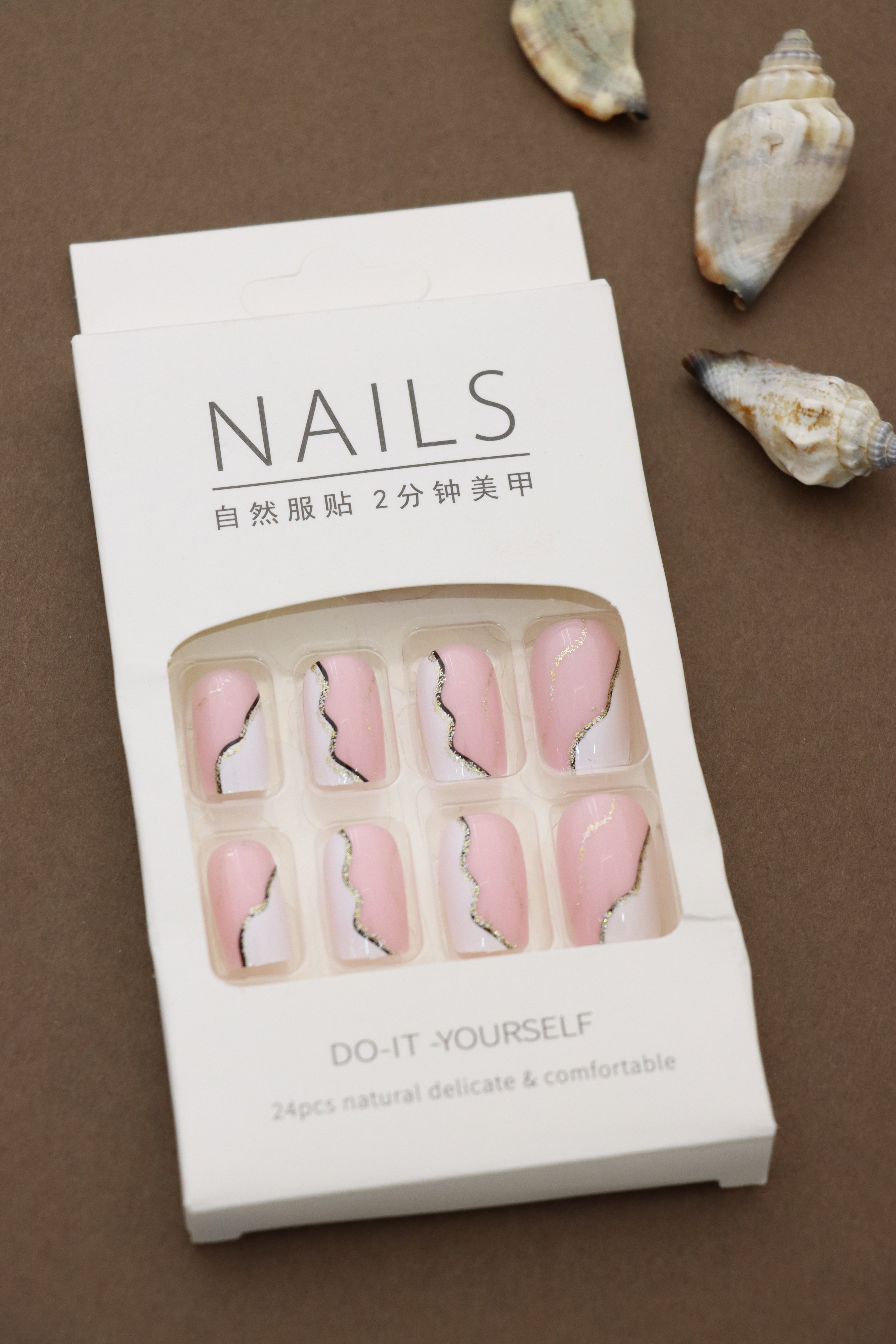Pink and White Swirl Press-On Nails with Gold Glitter Accents - 24pcs Stylish Curved Design