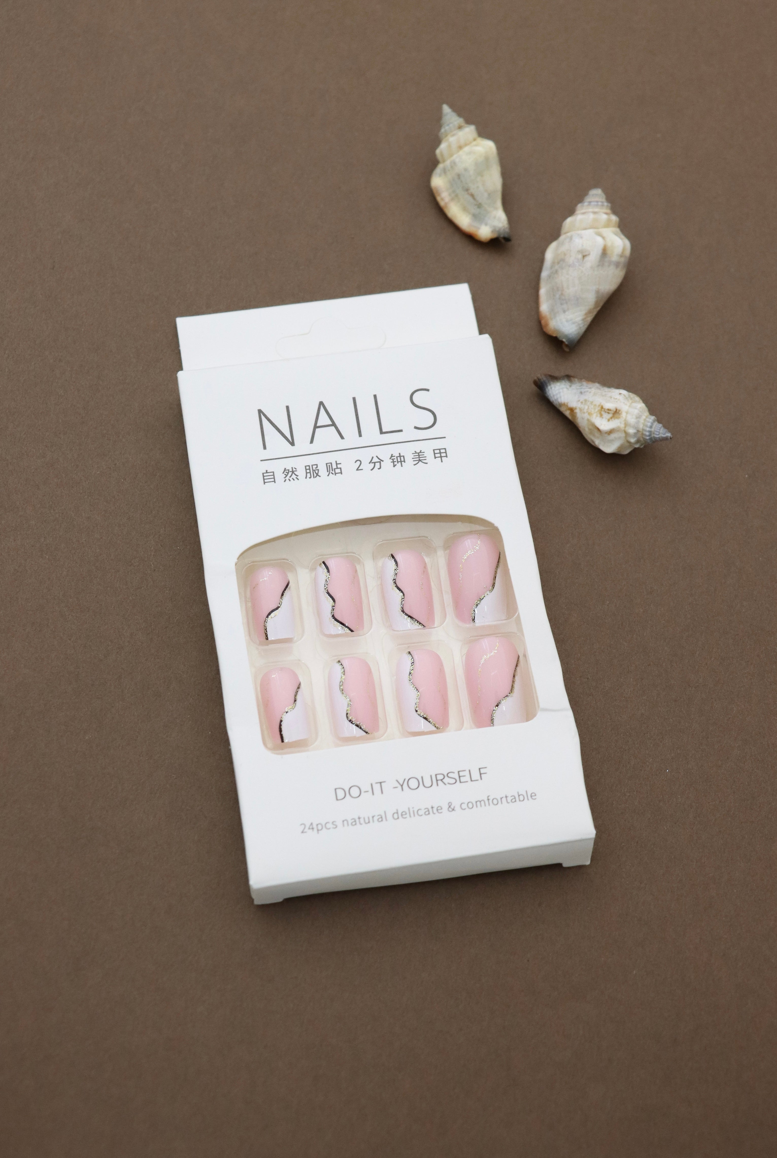 Pink and White Swirl Press-On Nails with Gold Glitter Accents - 24pcs Stylish Curved Design