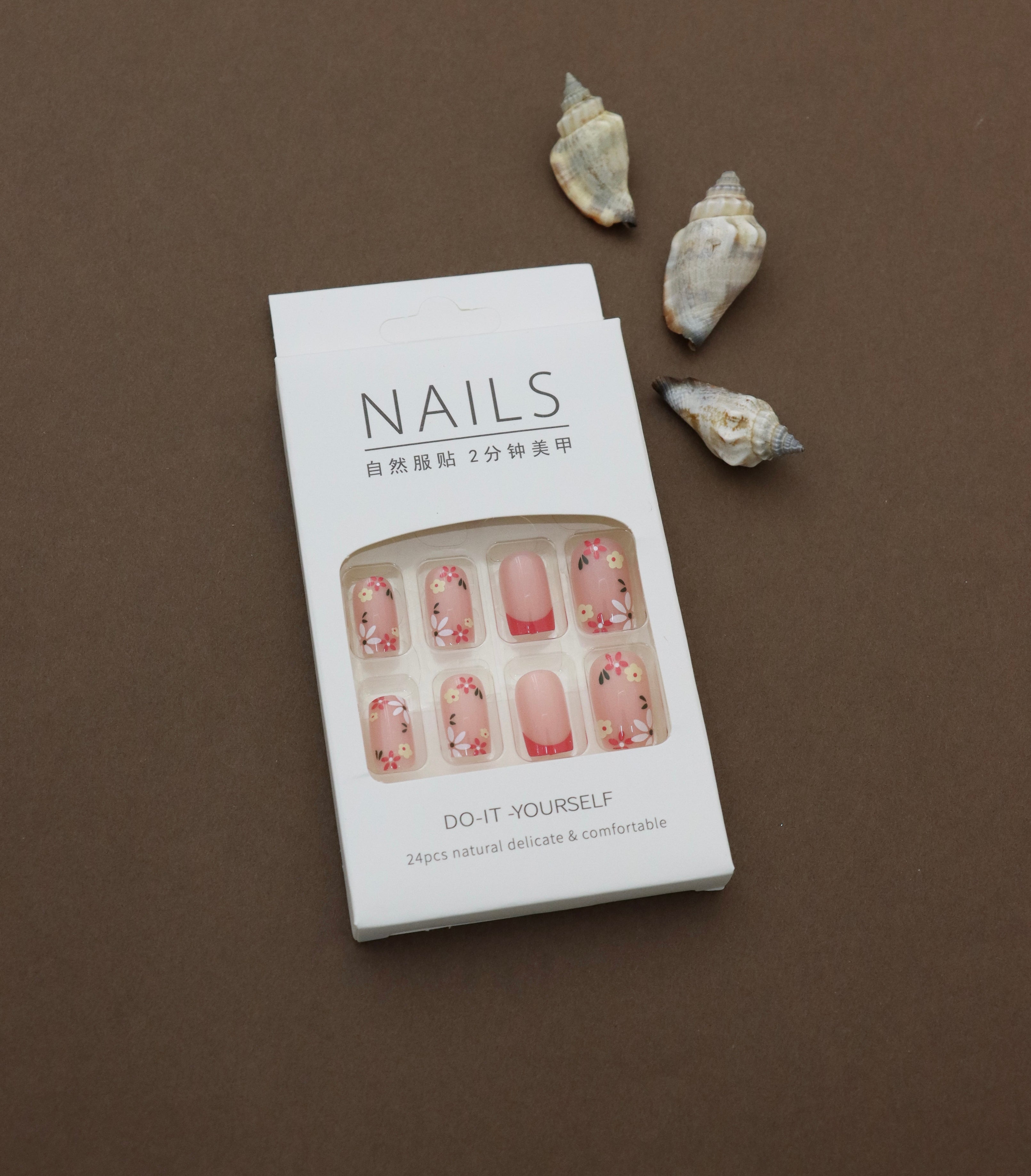 Pink Floral Press-On Nails with Red French Tips - 24pcs Square Shaped Design
