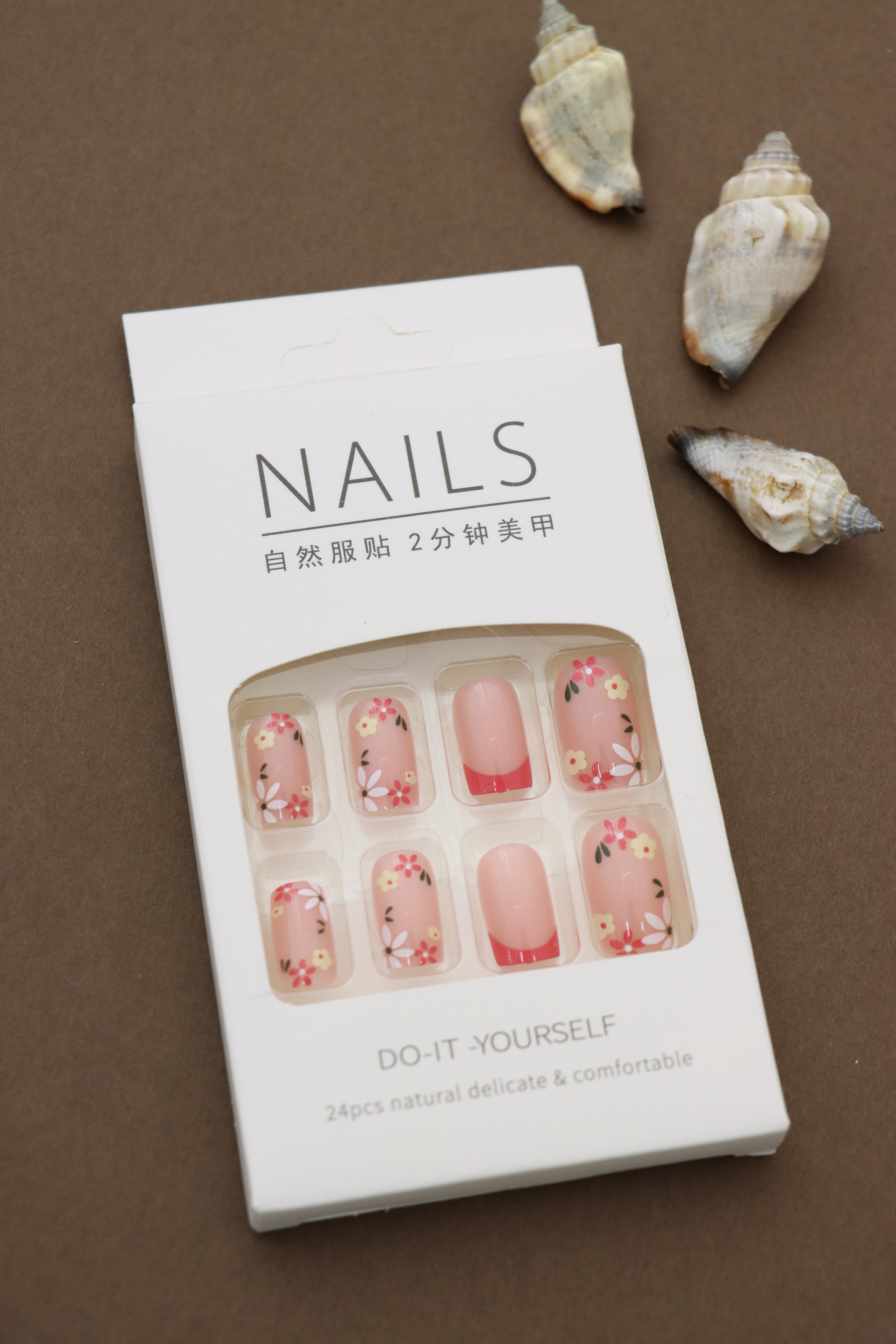 Pink Floral Press-On Nails with Red French Tips - 24pcs Square Shaped Design