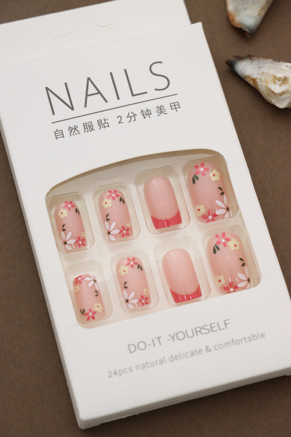 Pink Floral Press-On Nails with Red French Tips - 24pcs Square Shaped Design