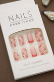 Pink Floral Press-On Nails with Red French Tips - 24pcs Square Shaped Design