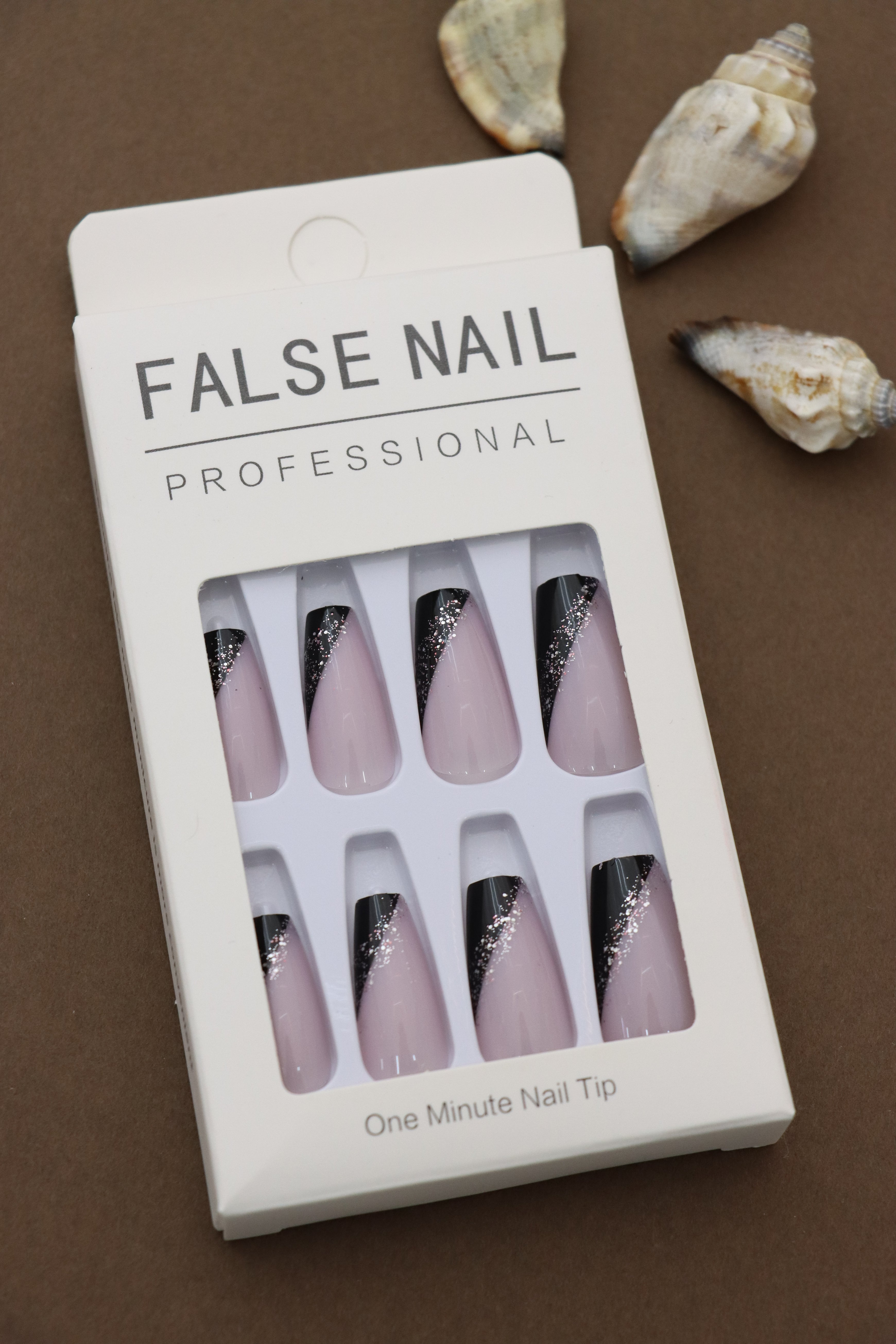 Elegant Black and Glitter Diagonal French Tip Press-On Nails - Professional Style