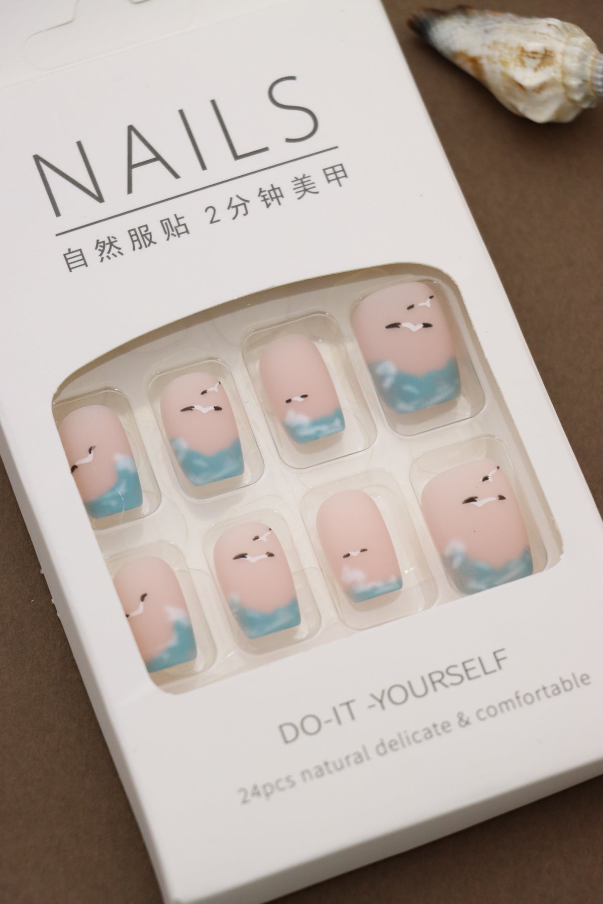 Matte Pink Press-On Nails with Sky Blue and Cloud Design Featuring Birds