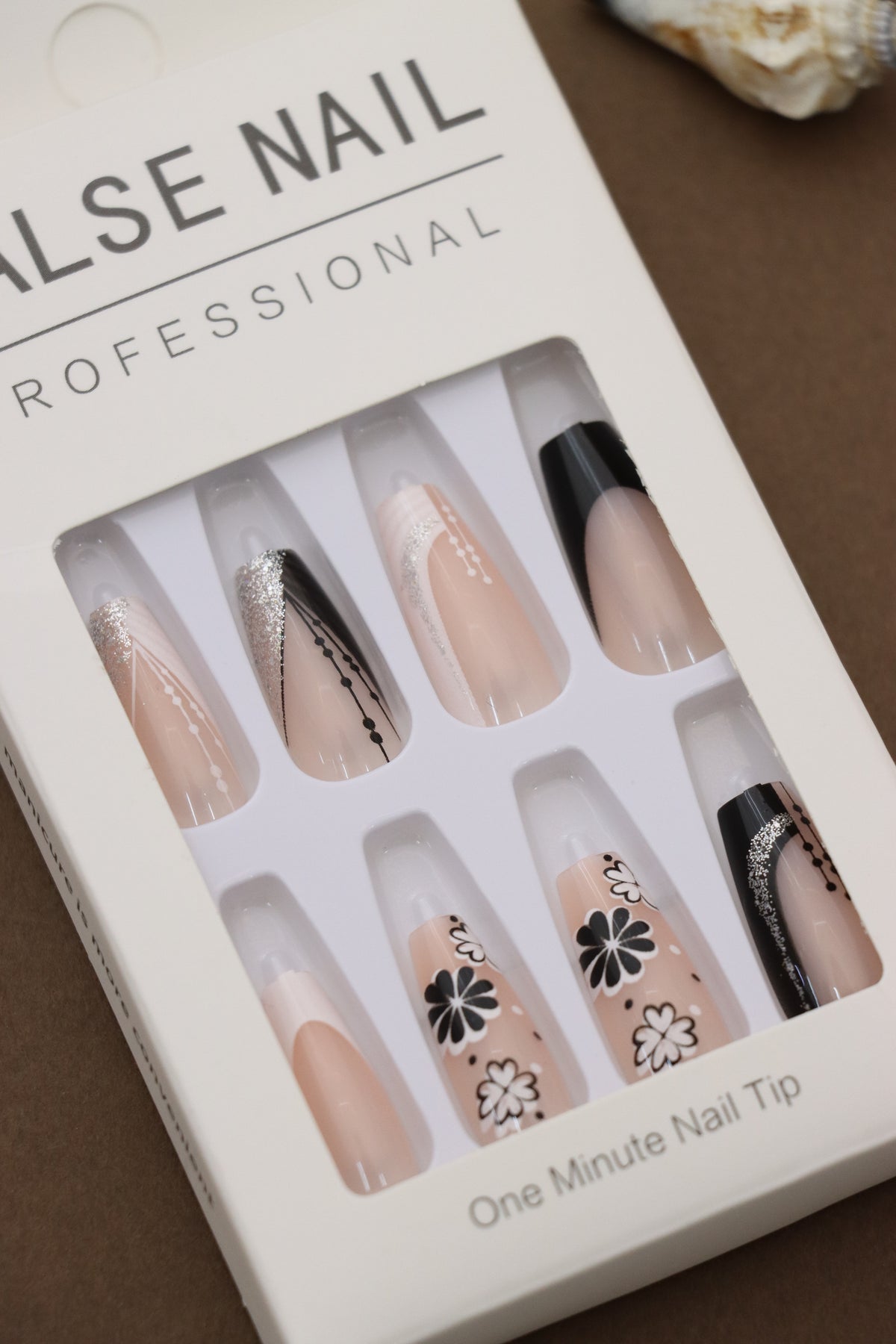 Professional Nude Press-On Nails with Black Floral Accents, Glitter Detailing, and Elegant French Tips - 24pcs Set