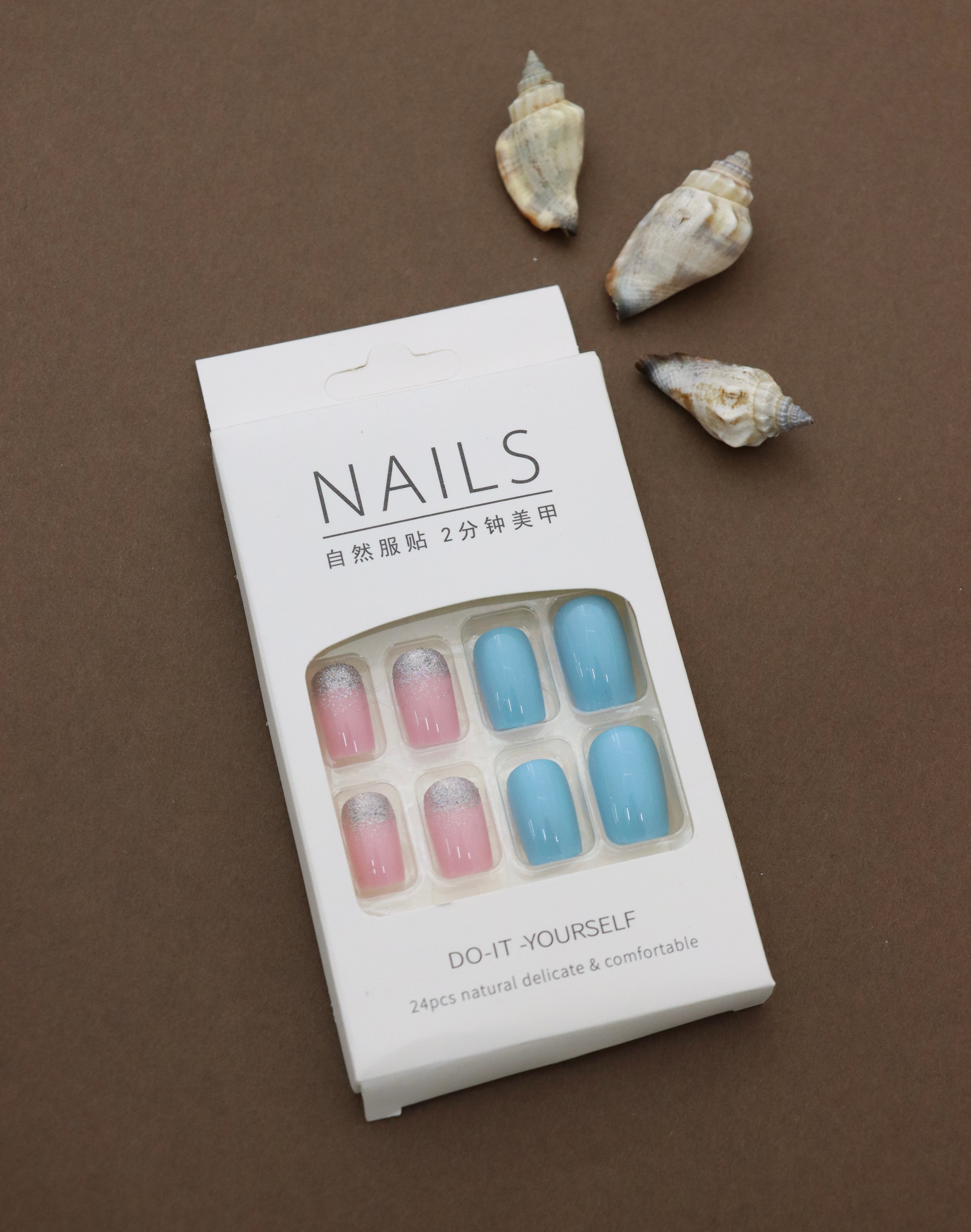 Pink Glitter and Sky Blue Press-On Nails - Vibrant Glam DIY Nail Kit (24pcs)