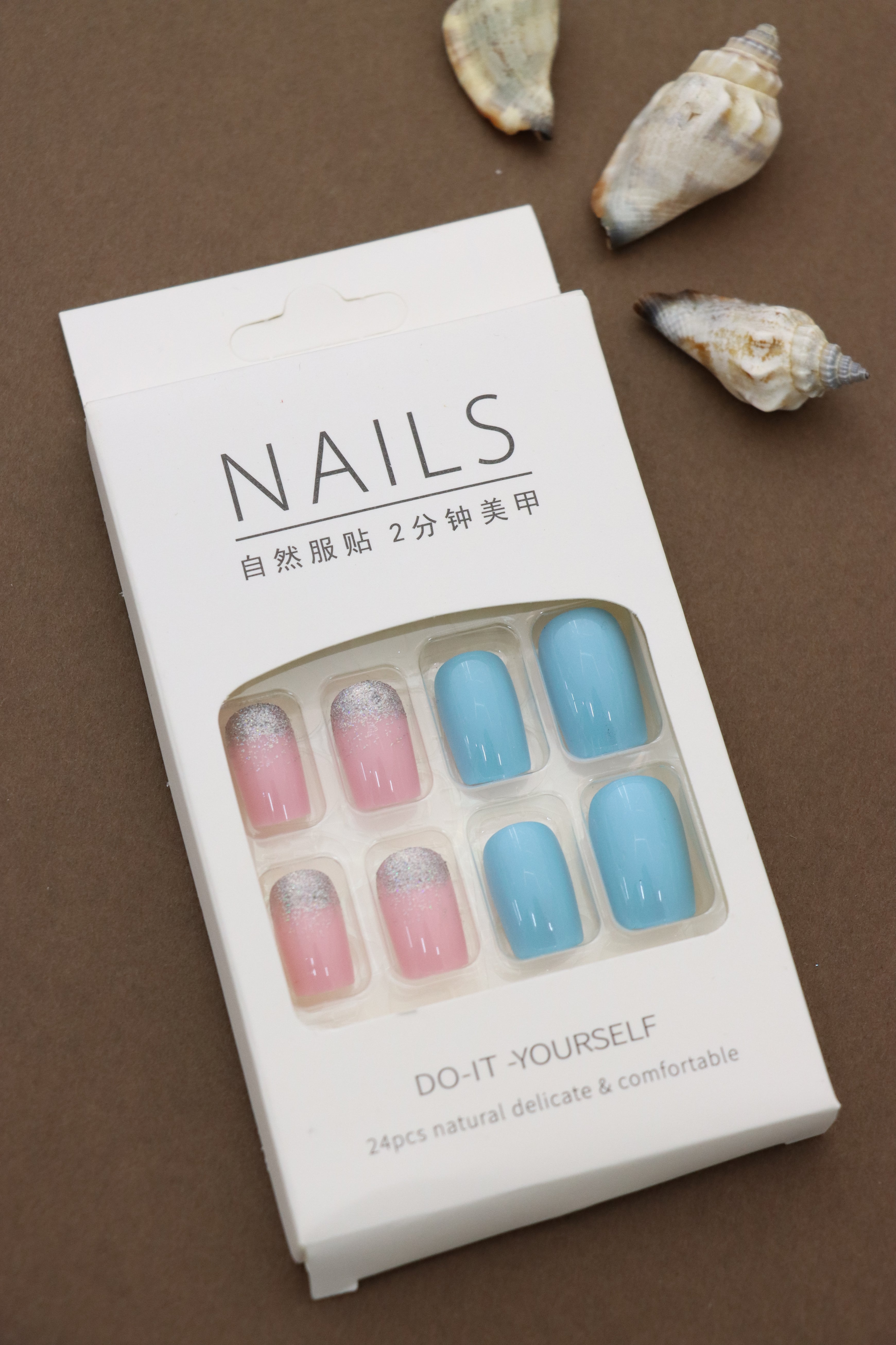 Pink Glitter and Sky Blue Press-On Nails - Vibrant Glam DIY Nail Kit (24pcs)