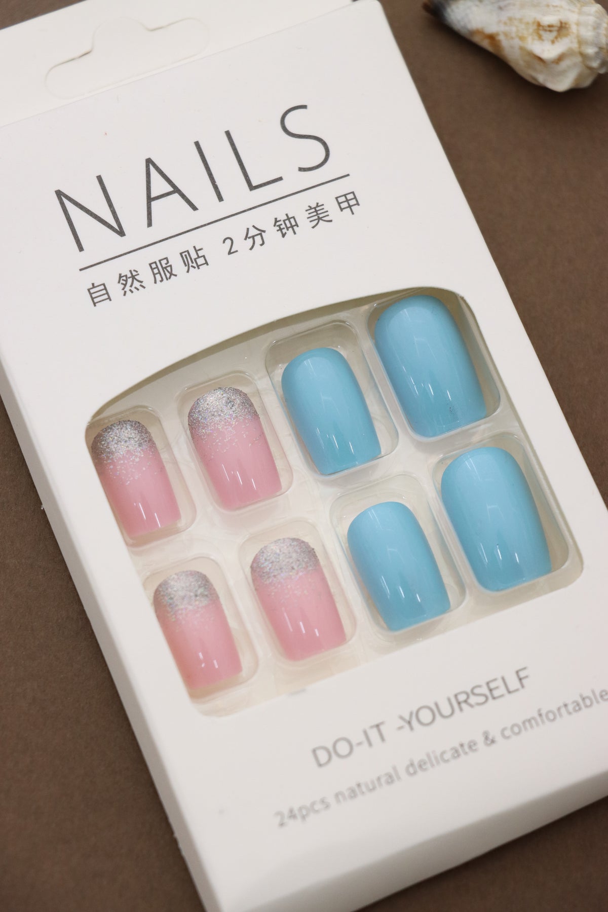 Pink Glitter and Sky Blue Press-On Nails - Vibrant Glam DIY Nail Kit (24pcs)