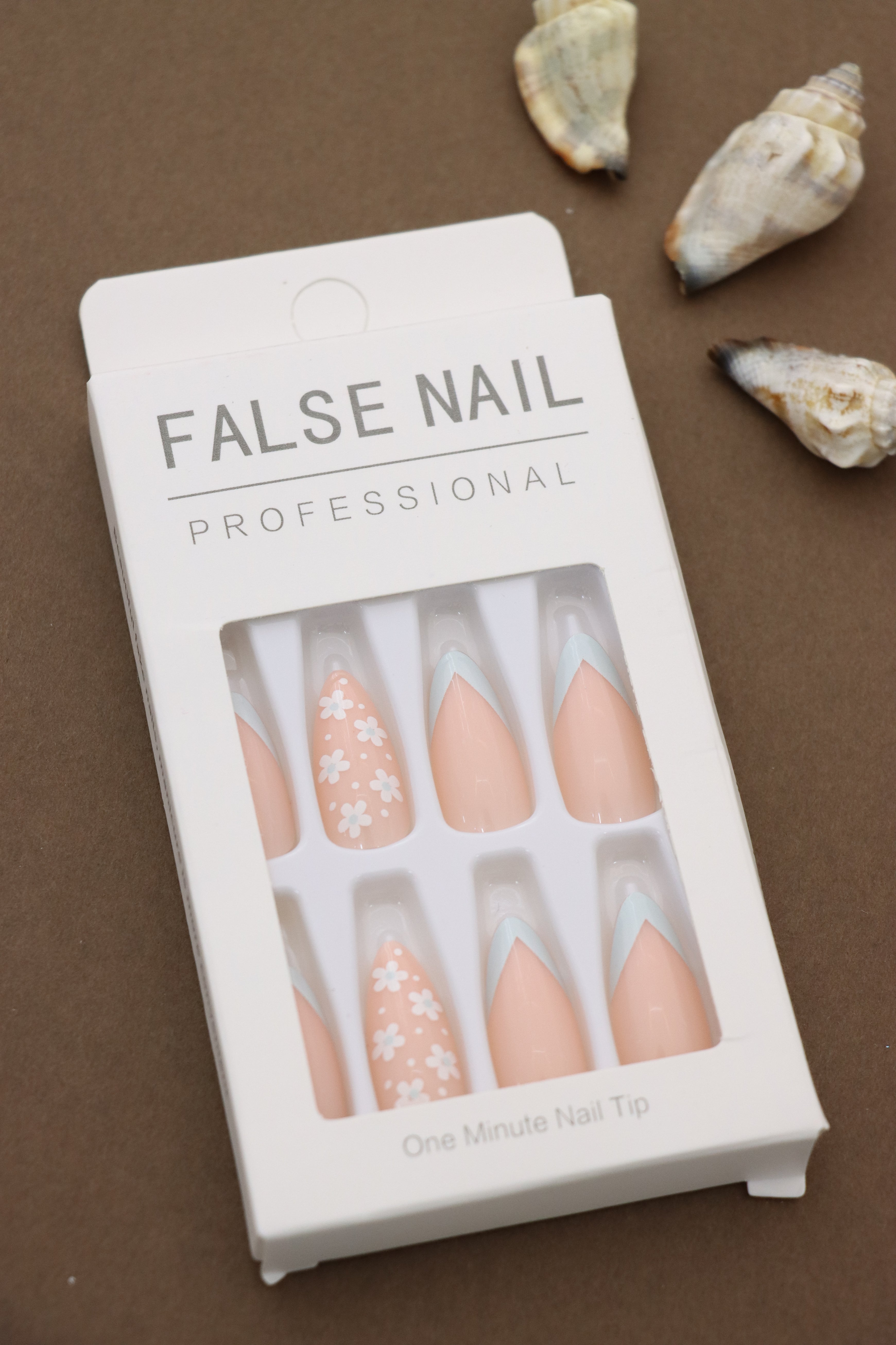 Peach and Blue Press-On Nails with Floral and French Tip Design - 24pcs Professional Style
