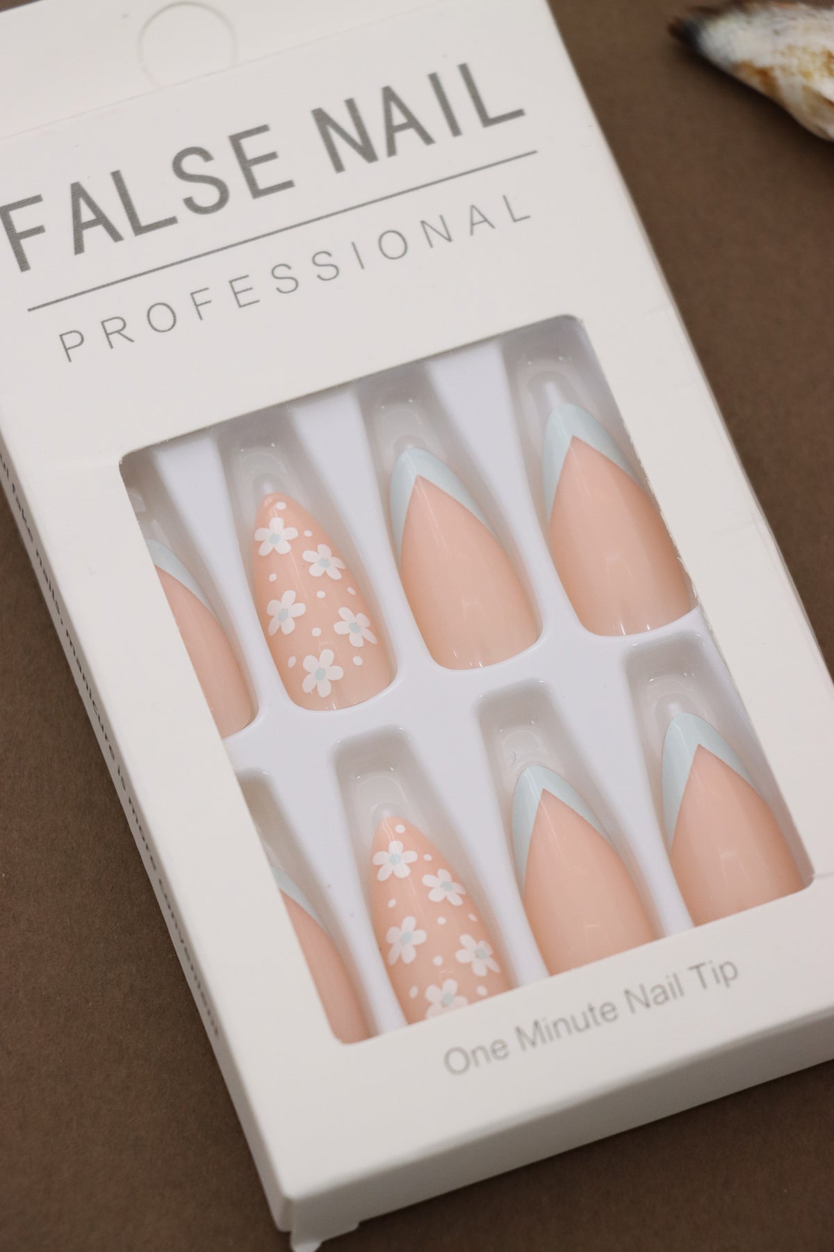 Peach and Blue Press-On Nails with Floral and French Tip Design - 24pcs Professional Style