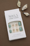 Earthy Greenery – A Tranquil Blend of Mint Green Solids and Elegant Leafy Accents. These Nature-Inspired Press-On Nails Offer Effortless Style and Natural Beauty for Your Everyday Look.