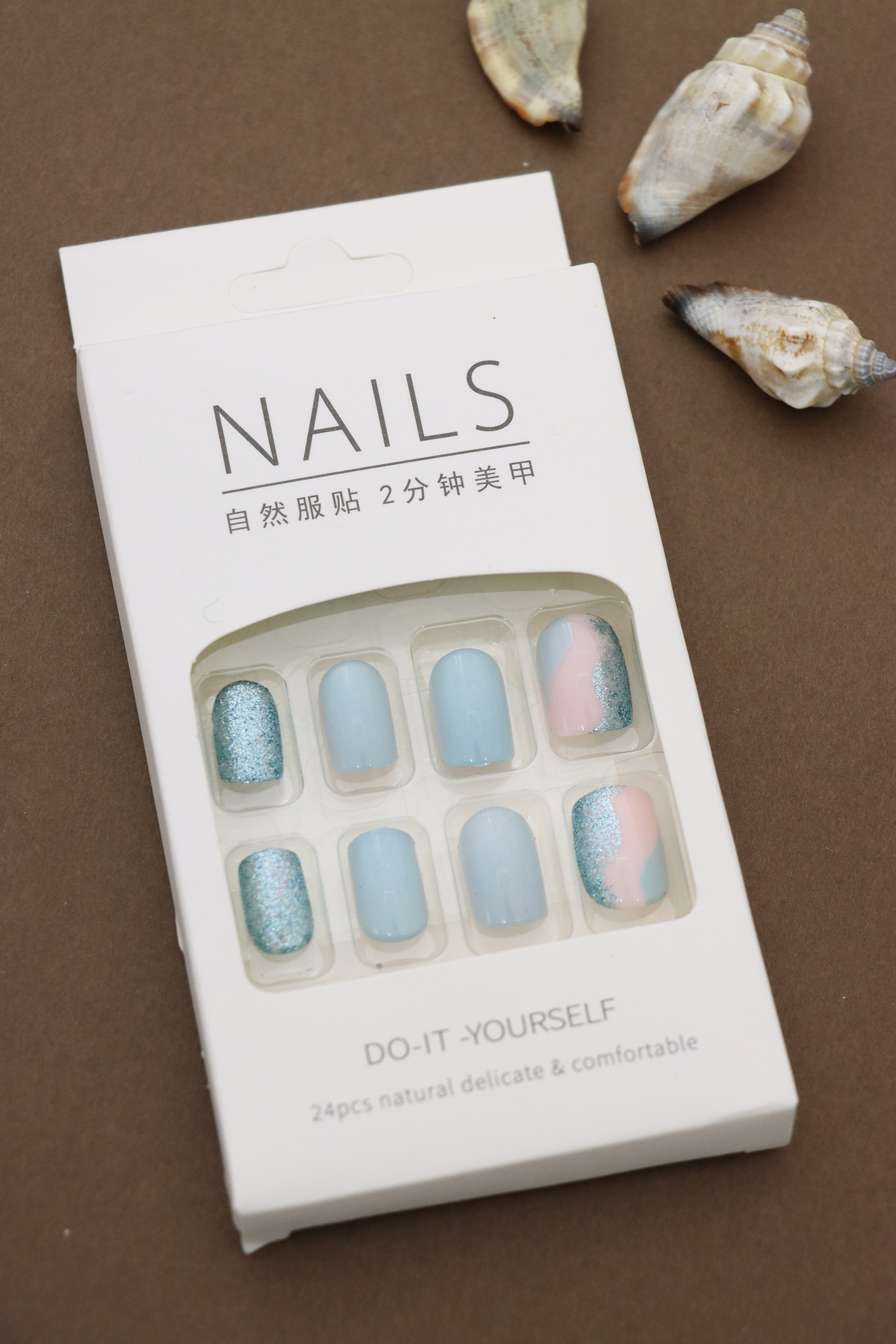 Pastel Blue and Pink Glitter Ombre Press-On Nails - 24pcs Elegant Gradient Design